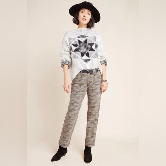 By Anthropologie Mavis Embroidered Green Camo Utility Pants - Size 26 - Picture 3 of 12